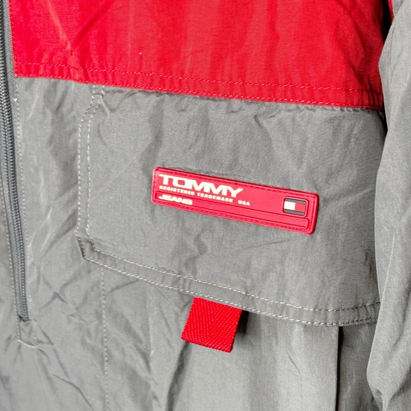 Y2K Tommy Hilfiger Mens Pullover Anorak Jacket Hoodie Red Gray XXL Spellout - Picture 5 of 13